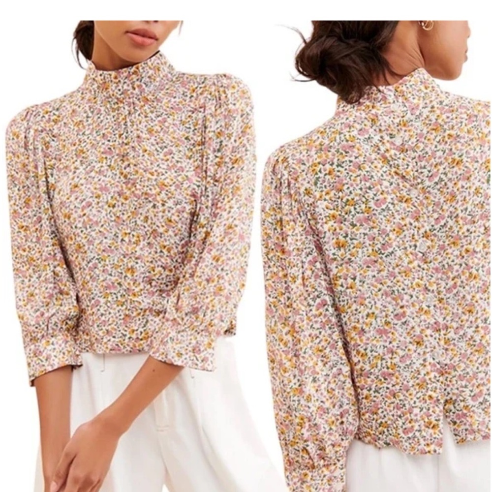 ROLLAS Stephanie Coast Floral Blouse Cropped Button Back Top Size Small